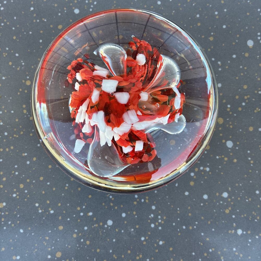 Vintage KENT HELMS Glass Paperweight Red & White Colors Controlled Bubbles Neat!